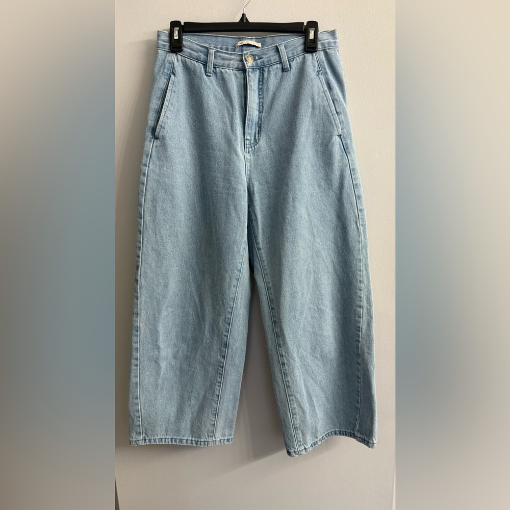 MEIER.Q High Waisted Barrel Leg Jean Sz L Light Wash Relaxed Cotton Boho